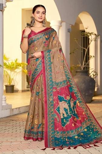 Handloom beige saree with maroon & teal border