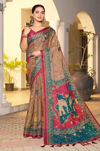 Handloom beige saree with maroon & teal border