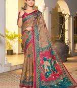 Handloom beige saree with maroon & teal border