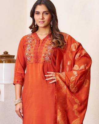 Orange embroidered roman silk kurta set with dupatta 3