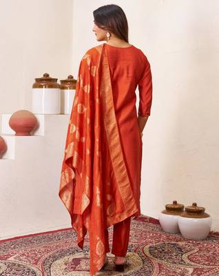 Orange embroidered roman silk kurta set with dupatta 4