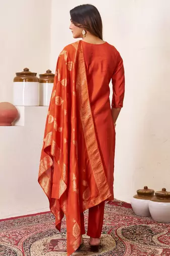 Orange embroidered roman silk kurta set with dupatta