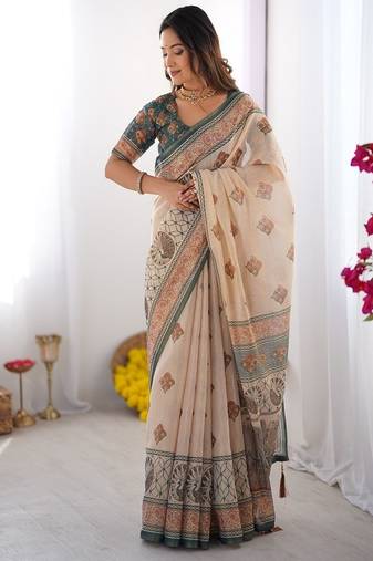 Beige handloom cotton saree with buti print, mandala motifs & peacock pallu