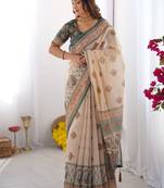 Beige handloom cotton saree with buti print, mandala motifs & peacock pallu