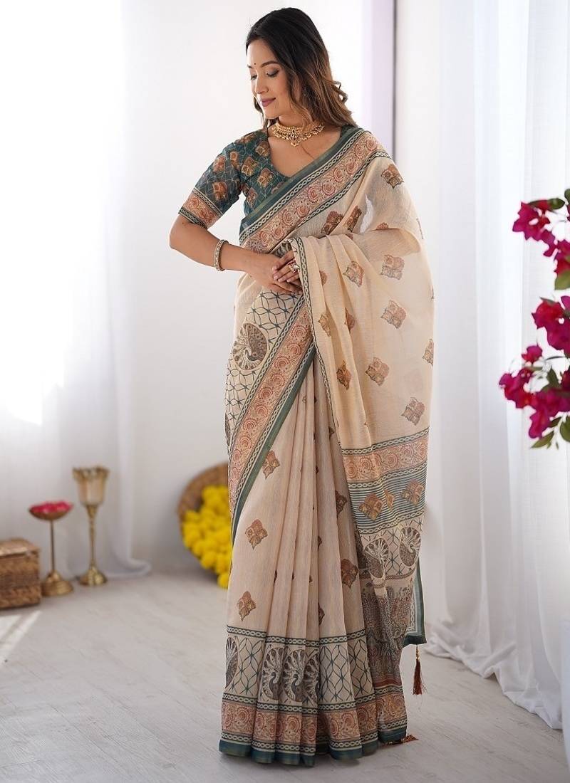 Beige handloom cotton saree with buti print, mandala motifs & peacock pallu
