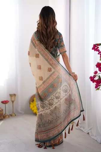Beige handloom cotton saree with buti print, mandala motifs & peacock pallu