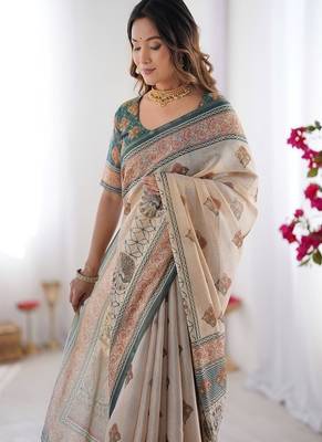 Beige handloom cotton saree with buti print, mandala motifs & peacock pallu 1