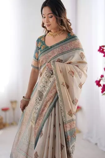 Beige handloom cotton saree with buti print, mandala motifs & peacock pallu