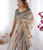 Beige handloom cotton saree with buti print, mandala motifs & peacock pallu