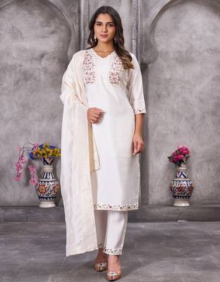 White embroidered roman silk kurta set with dupatta 1