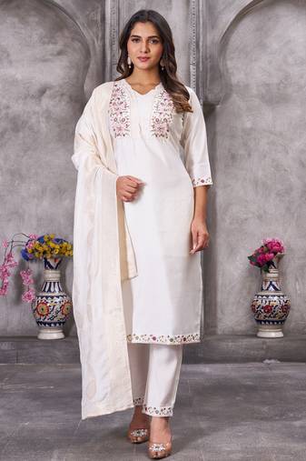 White embroidered roman silk kurta set with dupatta