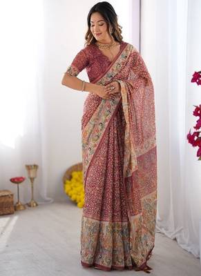 Maroon handloom cotton saree with all-over floral print & multicolor royal procession pallu 2
