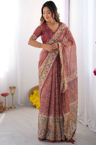 Maroon handloom cotton saree with all-over floral print & multicolor royal procession pallu