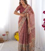 Maroon handloom cotton saree with all-over floral print & multicolor royal procession pallu