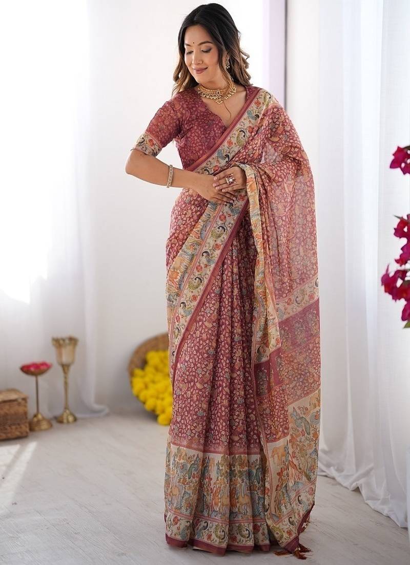 Maroon handloom cotton saree with all-over floral print & multicolor royal procession pallu