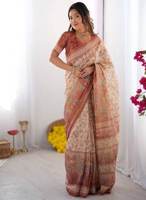 Ivory handloom cotton saree with maroon borders, floral print & royal procession pallu 2
