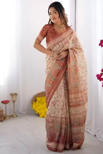 Ivory handloom cotton saree with maroon borders, floral print & royal procession pallu