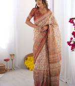 Ivory handloom cotton saree with maroon borders, floral print & royal procession pallu
