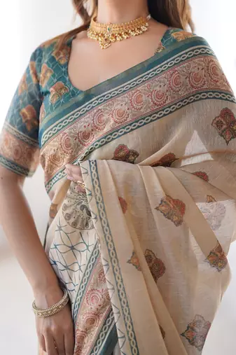 Beige handloom cotton saree with buti print, mandala motifs & peacock pallu