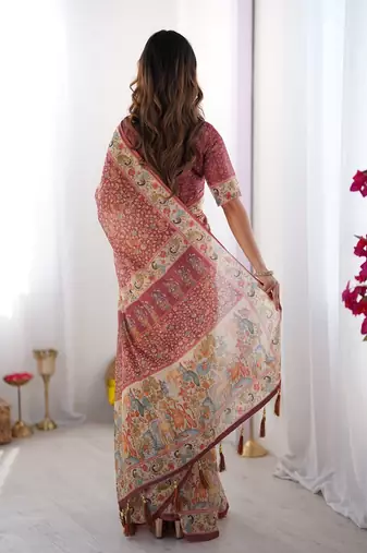 Maroon handloom cotton saree with all-over floral print & multicolor royal procession pallu