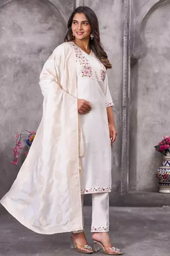White embroidered roman silk kurta set with dupatta