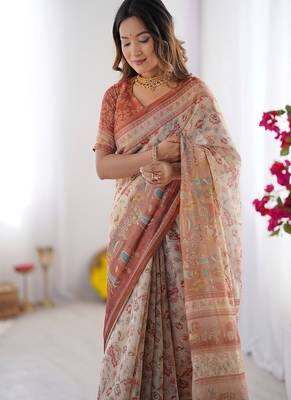 Ivory handloom cotton saree with maroon borders, floral print & royal procession pallu 1