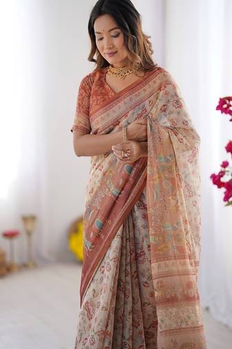 Ivory handloom cotton saree with maroon borders, floral print & royal procession pallu