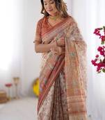 Ivory handloom cotton saree with maroon borders, floral print & royal procession pallu