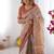 Ivory handloom cotton saree with maroon borders, floral print & royal procession pallu