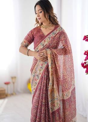 Maroon handloom cotton saree with all-over floral print & multicolor royal procession pallu 1