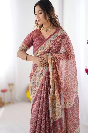 Maroon handloom cotton saree with all-over floral print & multicolor royal procession pallu