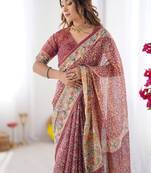Maroon handloom cotton saree with all-over floral print & multicolor royal procession pallu
