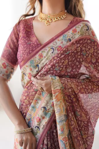 Maroon handloom cotton saree with all-over floral print & multicolor royal procession pallu