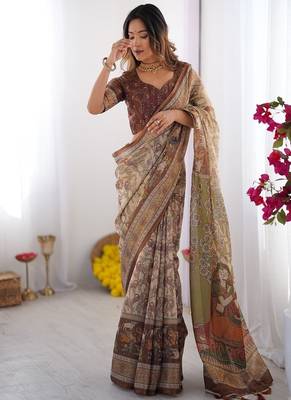 Beige & brown handloom cotton saree with mythical kalamkari pallu and elephant motifs 2