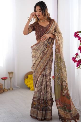 Beige & brown handloom cotton saree with mythical kalamkari pallu and elephant motifs