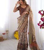 Beige & brown handloom cotton saree with mythical kalamkari pallu and elephant motifs