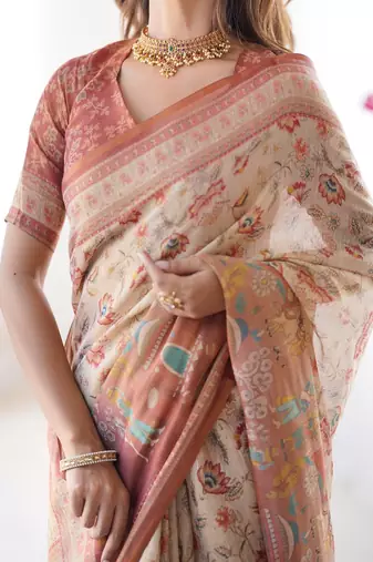 Ivory handloom cotton saree with maroon borders, floral print & royal procession pallu