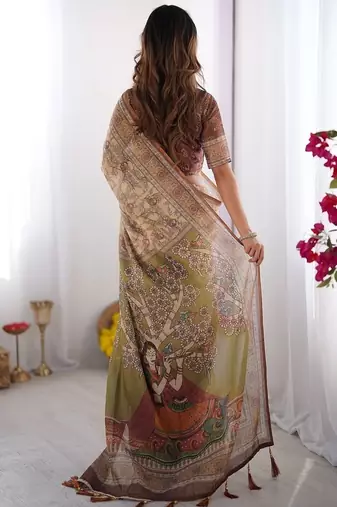 Beige & brown handloom cotton saree with mythical kalamkari pallu and elephant motifs
