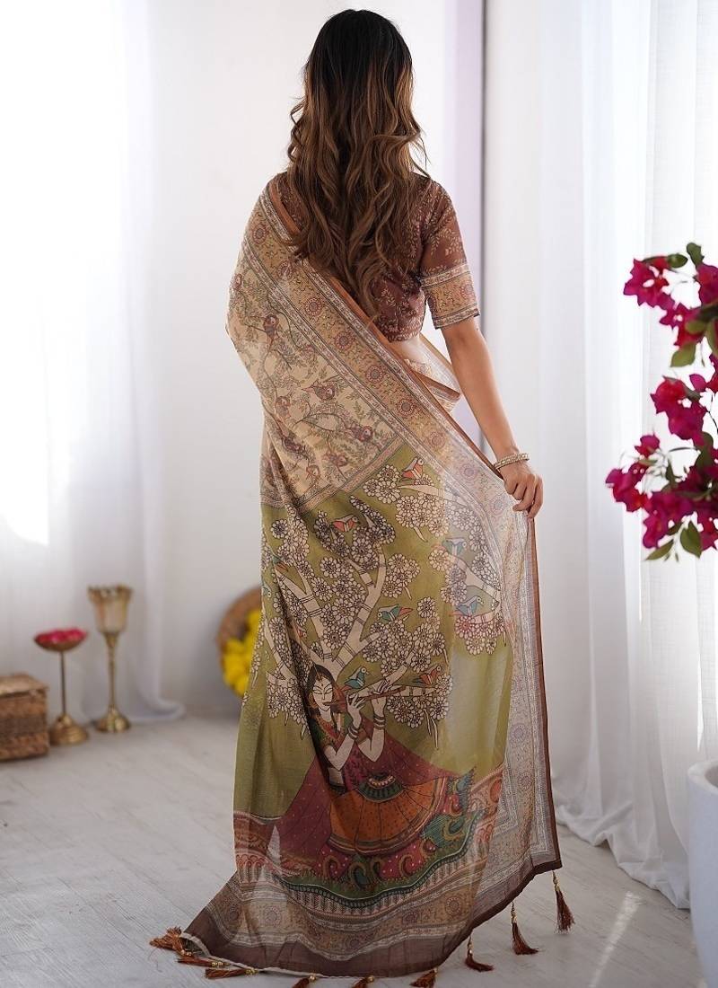 Beige & brown handloom cotton saree with mythical kalamkari pallu and elephant motifs