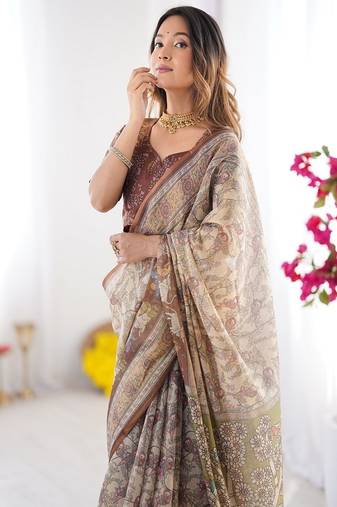 Beige & brown handloom cotton saree with mythical kalamkari pallu and elephant motifs