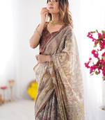 Beige & brown handloom cotton saree with mythical kalamkari pallu and elephant motifs