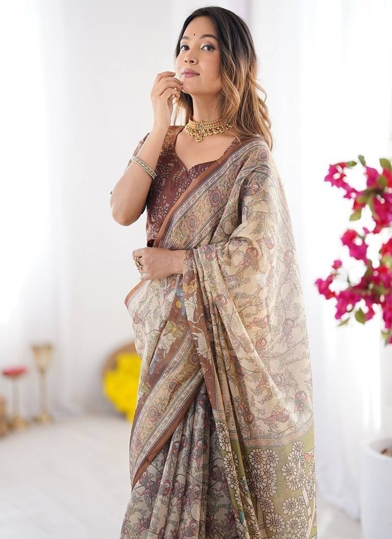 Beige & brown handloom cotton saree with mythical kalamkari pallu and elephant motifs