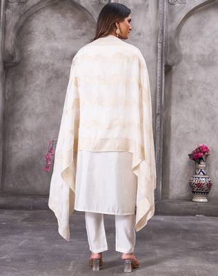 White embroidered roman silk kurta set with dupatta 4