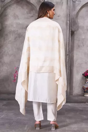 White embroidered roman silk kurta set with dupatta