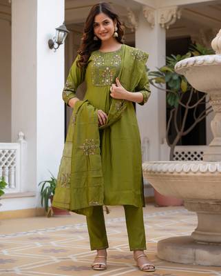 Olive embroidered viscose mango silk kurta set with dupatta 1