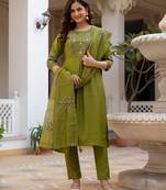 Olive embroidered viscose mango silk kurta set with dupatta