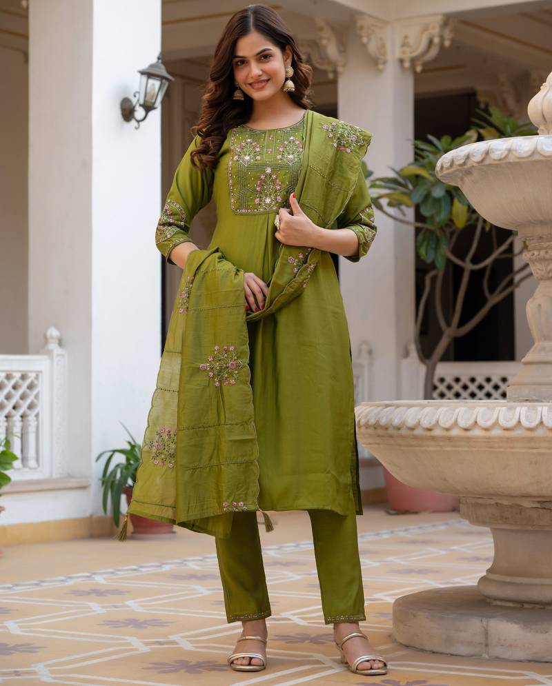 Olive embroidered viscose mango silk kurta set with dupatta