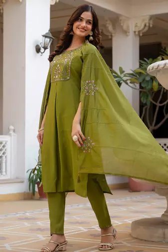 Olive embroidered viscose mango silk kurta set with dupatta