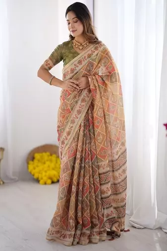 Rust orange  handloom cotton saree with rust blouse and village celebration print