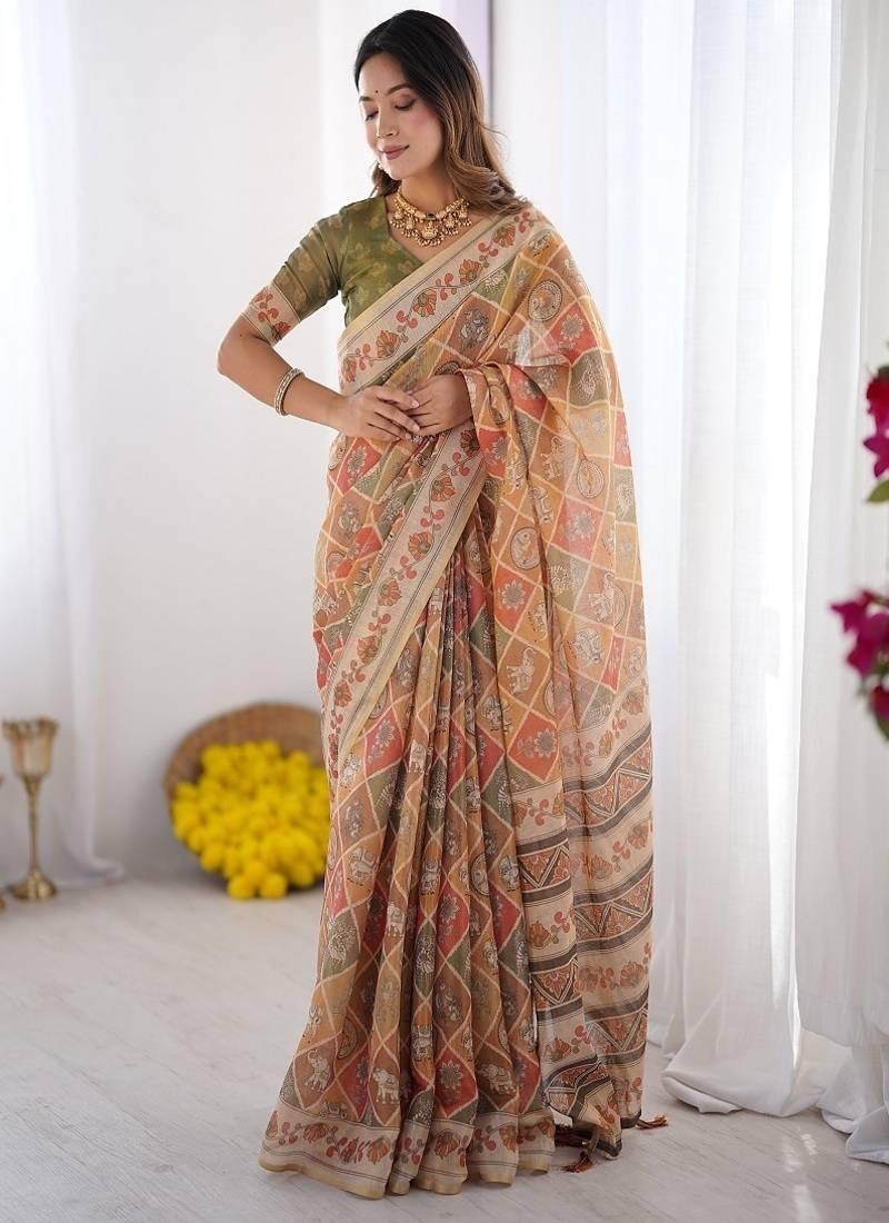 Rust orange  handloom cotton saree with rust blouse and village celebration print